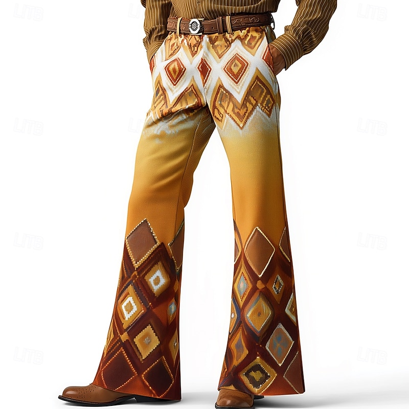 Men's Geometric Pattern Ethnic Disco Pants 60s 70s Bell Bottoms Mid Waist Western Vintage Retro Outdoor Vacation Casual Side Pockets Flared Leg Pants Trousers Spring Fall 3D Print Orange Brown
