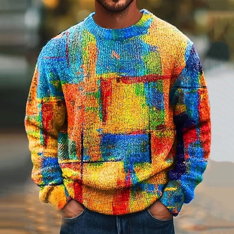 Men's Color Block Abstract Pullover Sweater Jumper Knitwear Crewneck Casual Vacation Home Street 3D Print Knitting Keep Warm Long Sleeve Spring Fall Winter Blue Orange Green2