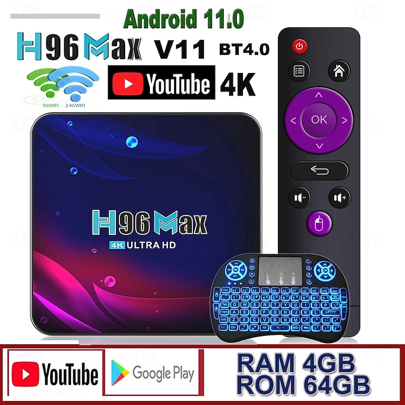 H96 Max V11 RK3318 4K Hd Youtube Google Play 2.4G 5G Wifi BT4.0 Receiver Media Player HDR USB 3.0 4GB 32GB 64GB Smart Android 11 TV Box