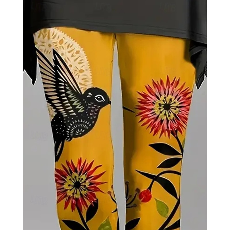 Women's Leggings Cozy Leggings Vacation Vintage Ethnic Style Full Length High Waist Floral Printing Thermal Warm Comfortable Stretchy Vacation Casual Daily Yellow Spring Fall Winter Slim Fit2