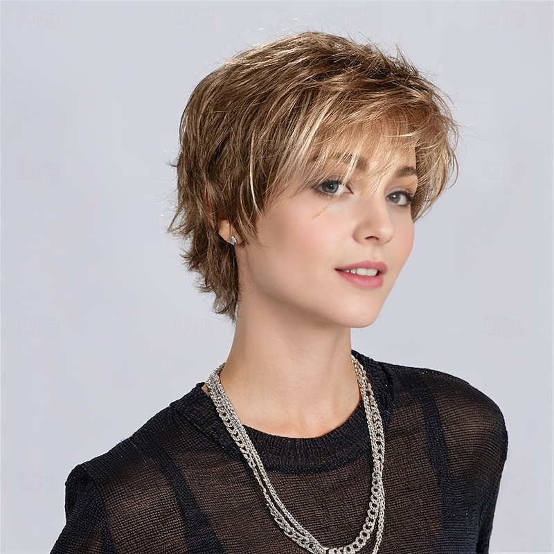 Women’s Short Brown Pixie Wig Layered Tousled Cut with Bangs Natural Looking Realistic Synthetic Hair Heat Resistant Elegant Daily Wear Fashion Style2