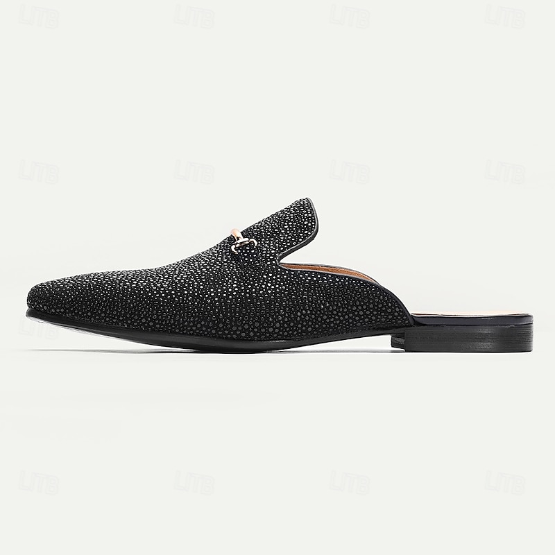 Men's Black Genuine Leather Mule Loafers – Stylish Slip-On Backless Dress Shoes with Metal Buckle for Parties and Evening Wear3