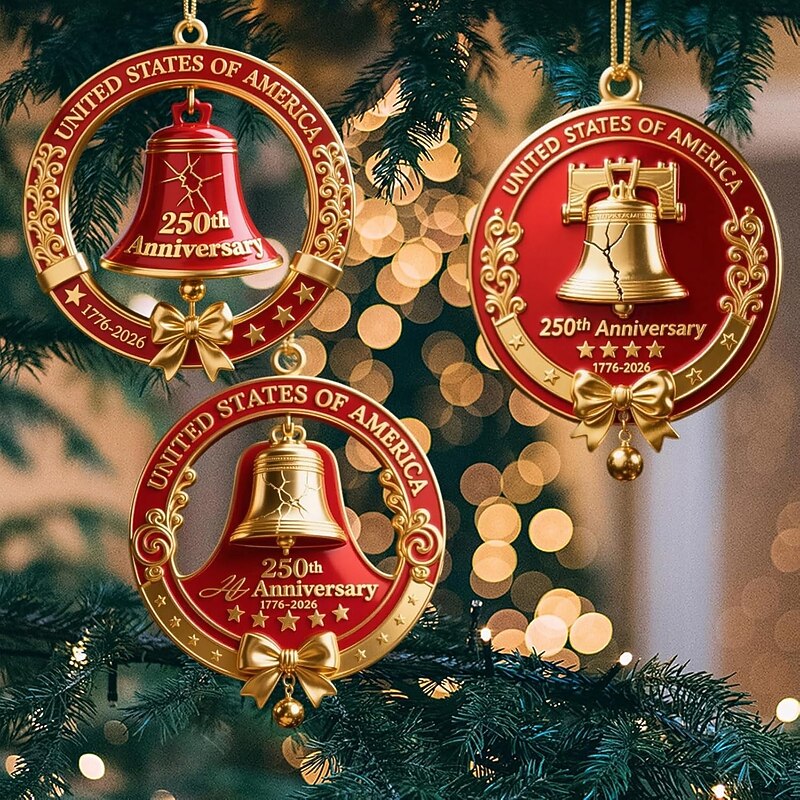 United States 250th Anniversary Liberty Bell Ornament Vintage Bell Christmas Tree Decor with Patriotic Commemorative Detailing Metal Hanging Keepsake for Home Garden Party Holiday Decoration