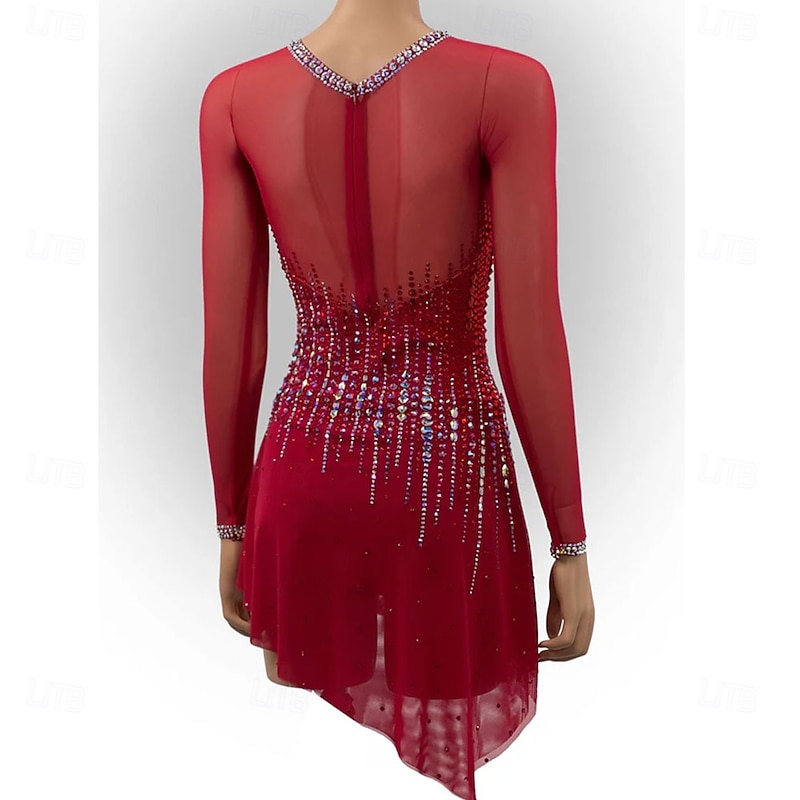 Figure Skating Dress Women's Girls' Ice Skating Dress Patchwork Asymmetric Hem High Elasticity Training Competition Skating Wear Classic Crystal / Rhinestone Long SleeveIce Skating Figure2