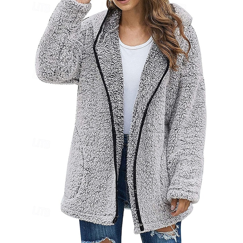 Women's Teddy Coat Hoodie Jacket Warm Comfortable Zipper Casual Plain Vacation Street Going out Weekend Regular Hoodie Loose Fit Long Sleeve Outerwear Black Light Green Pink Fall Winter4