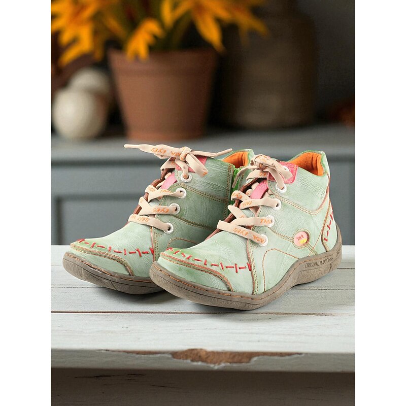 Women's Genuine Leather Green Lace Up Ankle Boots – Rustic Farm Style Short Boots for Autumn Harvest, Outdoor Walking and Casual Wear2