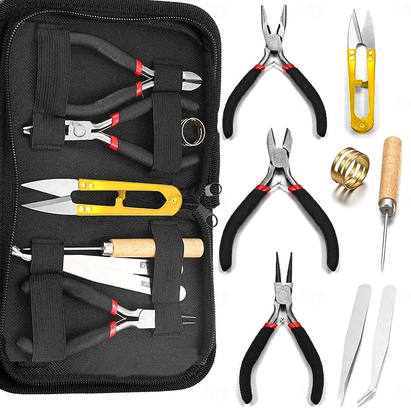 8Pcs Jewelry Making Tools Kit with Pliers Set, DIY Beading Repair Kit with Needle Nose Pliers, Wire Cutters, Tweezers, Thread Scissors, Awl and Ring Mandrel