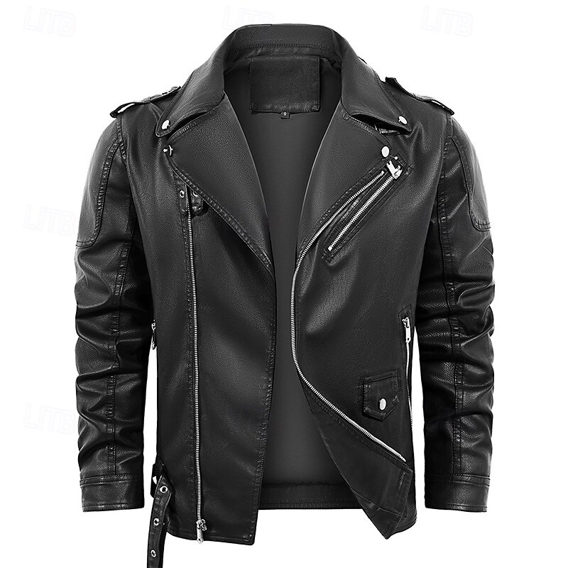 Men's Faux Leather Jacket Biker Jacket Motorcycle Jacket Vacation Daily Windproof Warm Pocket Fall Winter Plain Fashion Classic Stand Collar Regular Black Jacket