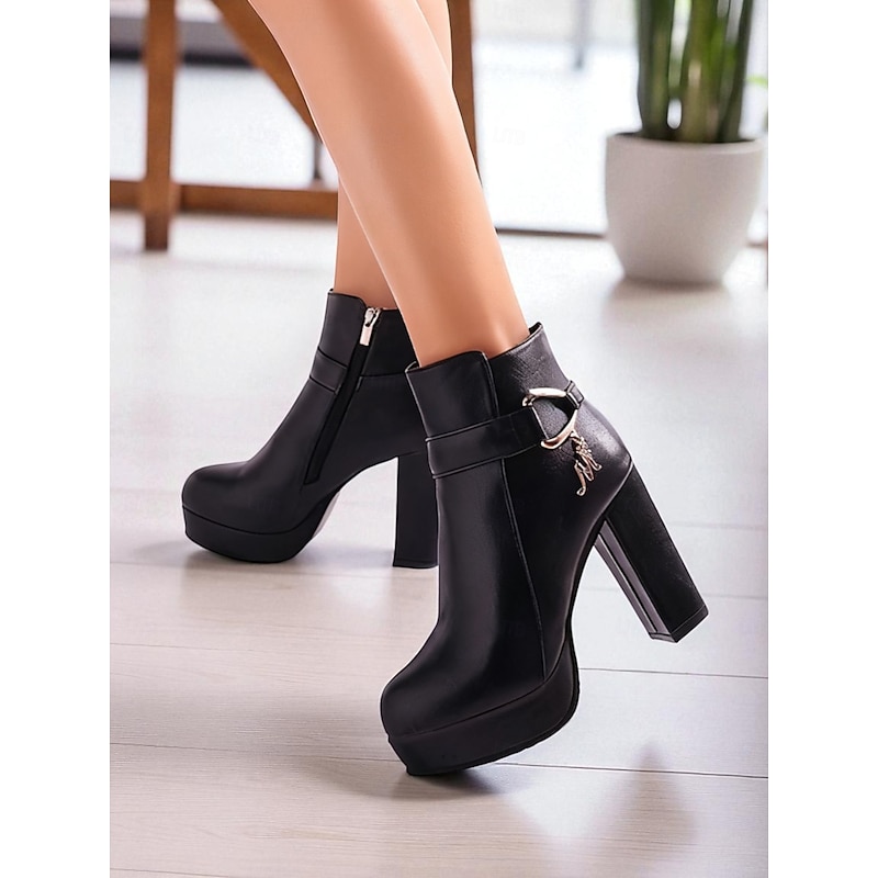 Women's Black Platform Ankle Boots – Faux Leather Chunky High Heel Booties with Side Zipper for Fashion, Work Outing and Night Out3