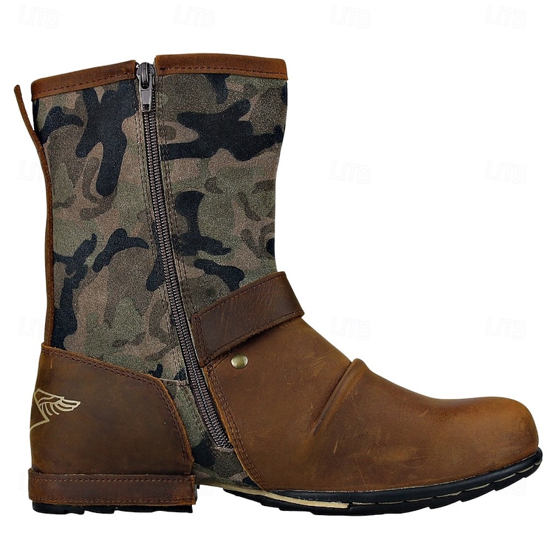 Men's Camouflage Leather Mid-Calf Boots with Buckle Straps, Military Tactical Style Outdoor Work Shoes4