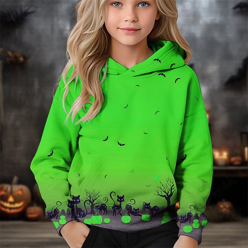 Halloween Girls' 3D Pumpkin Hoodie Long Sleeve Fall Winter Fashion Adorable Basic Kids 4-12 Years Hooded Outdoor Casual Daily Regular Fit4