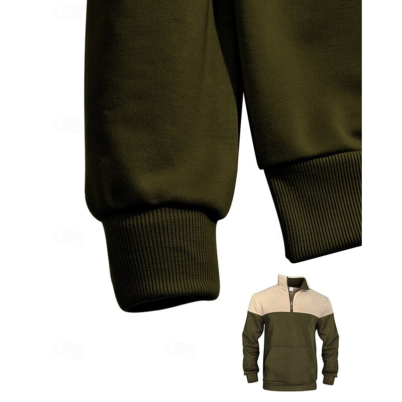 Men's Sweatshirt Quarter Zip Sweatshirt Black Army Green Navy Blue Khaki Gray Half Zip Color Block Jacquard Patchwork Pocket Sports & Outdoor Daily Holiday Polyester Streetwear Basic Casual Spring4