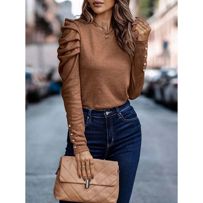 Women's Blouse Solid Color Stylish Casual Long Sleeve Crew Neck Regular Tops Daily Black Wine Navy Blue Orange Green Spring Fall3