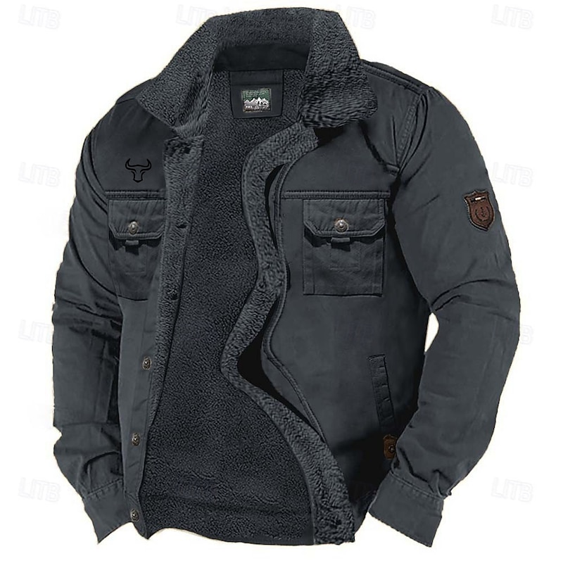 Men's Cow Print Fleece Jacket Cargo Jacket Sherpa Jacket Thermal Warm Vintage Casual Outdoor Home Multiple Pockets Cotton Jackets Winter Coats Fall Winter Fleece Turn-Down Collar Long Sleeve khaki2