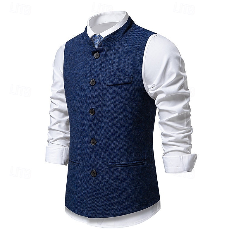 Men's Vest Waistcoat Gilet Vacation Party Business Fashion Casual Spring Fall Pocket Buttons Polyester Comfortable Plaid Stripes Single Breasted One-button Stand Collar Regular Fit Wine Navy Blue3