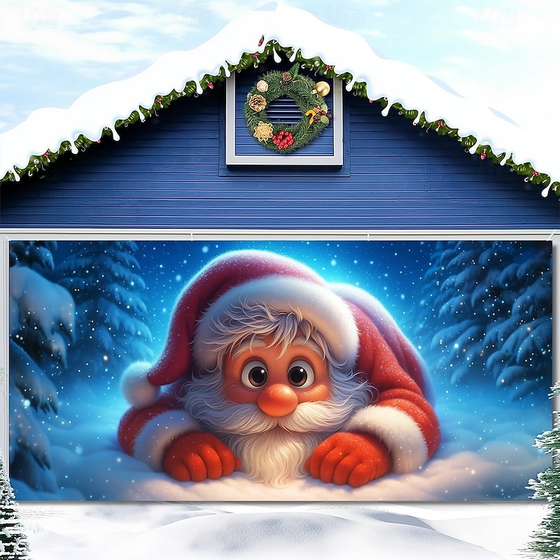 Christmas Outdoor Garage Door Cover Cute Santa Claus Snowy Day Pine Tree Large Tapestry Backdrop Holiday Party Wall Decoration For Outdoor Garage Door Home Christmas Festival Celebration Decor