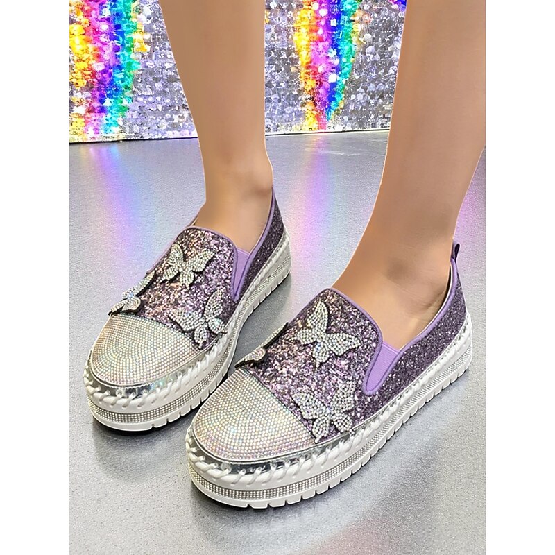 Women's Purple Glitter Slip-On Platform Sneakers with Rhinestone Butterfly Design - Trendy Nightlife Party and Clubwear Shoes