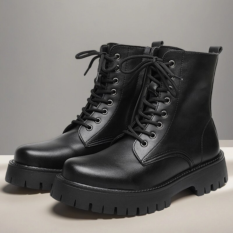 Black Faux Leather Men's High-Top Boots with Winged Pattern, Lace-Up Closure, and Rugged Sole – Ideal for Harley Riders, Punk Style Enthusiasts, Casual Outings and Everyday Wear