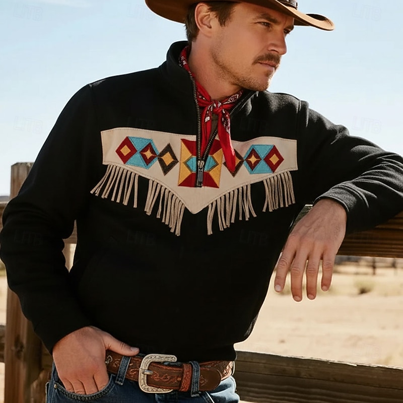 Men's Cowboy Sweatshirt Ethnic Vintage Retro Stand Collar Outdoor Work Gift Black Blue Zipper Fall Winter Designer