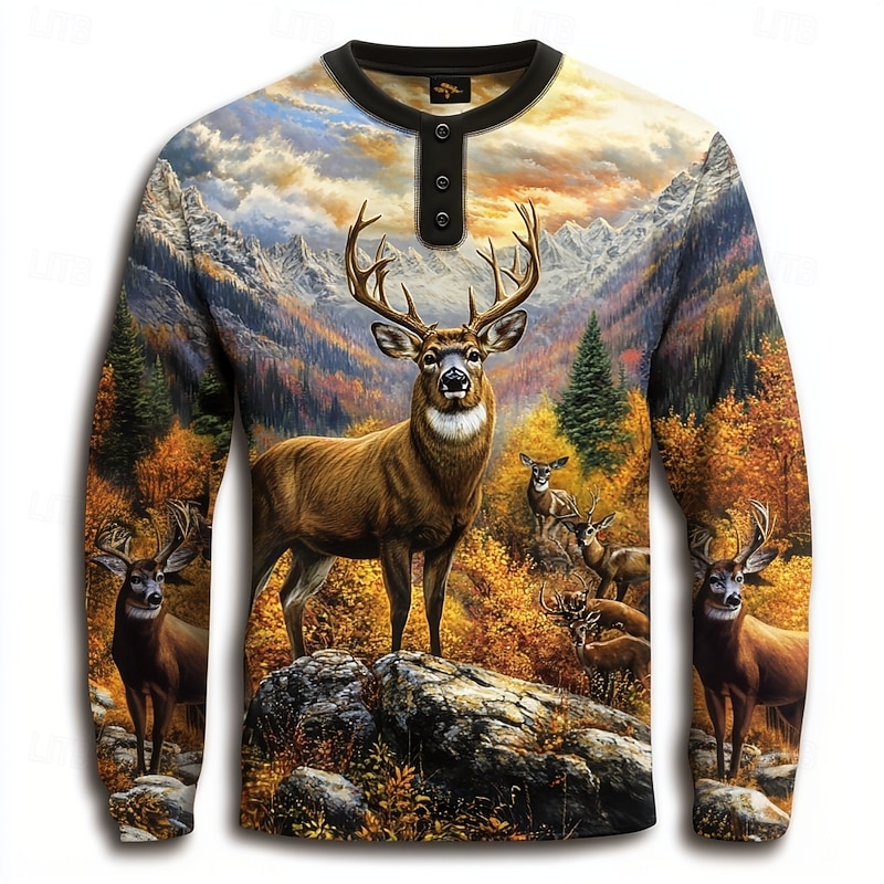 Men's Reindeer Henley Shirt Long Sleeve Fashion Cute Daily Casual Holiday Going out Fall Spring &  Fall Black Henley Henley T-Shirt
