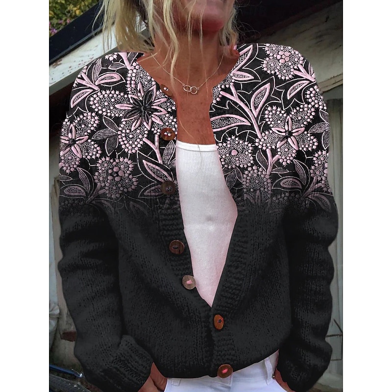 Women's Cardigan Fashion Daily Casual Floral Graphic Ribbed Crew Neck Buttons Print Long Sleeve Regular Tops Knit Outdoor Daily Date Pink Fall Winter