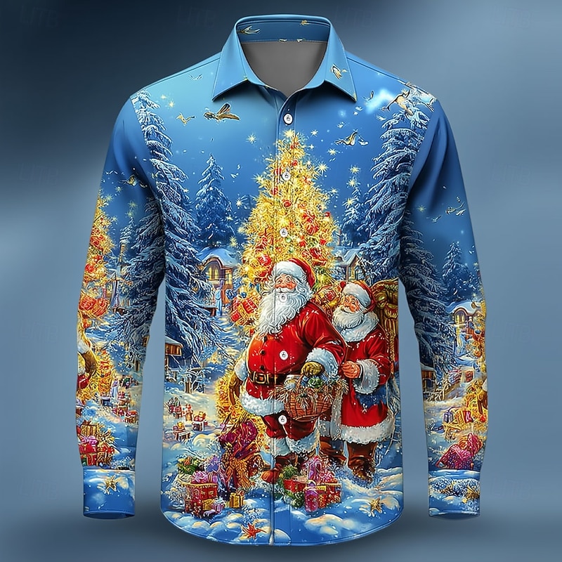 Christmas Men's Santa Claus Christmas Tree Christmas Gift Shirt Button Up Shirt Long Sleeve Funny Outdoor Holiday Spring Fall Turndown 3D Print Collared Shirts Blue 3# Blue 2# Blue 1# Blue2