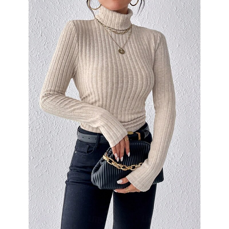 Women's Blouse Solid Color Stylish Casual Long Sleeve Turtleneck Regular Tops Daily Ruched Buttons Black White Purple Apricot Gray Spring Fall Winter4