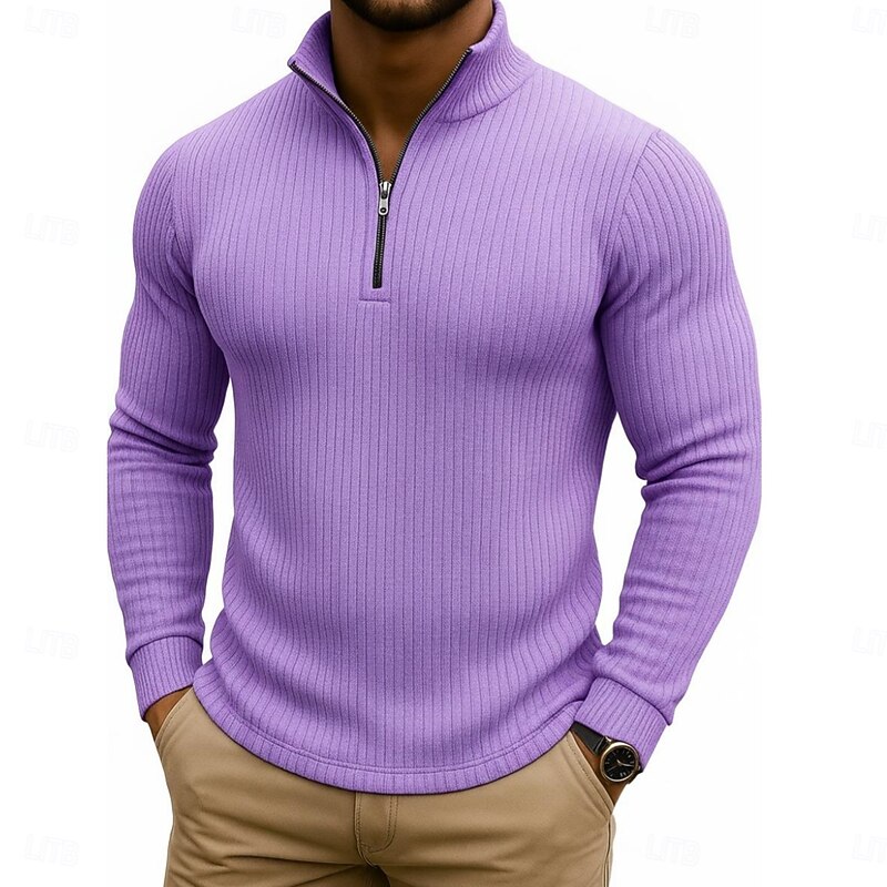 Men's T Shirt Ribbed Knit tee Tee Top Long Sleeve Shirt Long Sleeve Quarter Zip Spring Fall Winter Plain Pit Strip Fashion Designer Basic Knitting Vacation Street Casual Light Blue Navy Blue Purple