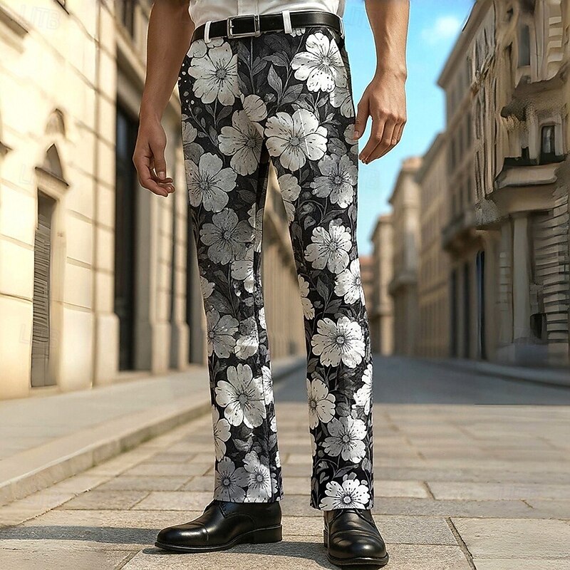 Men's Dress Pants Trousers Suit Pants Floral Print Flowers Full Length Outdoor Vacation Daily Casual Formal Blue Gray Micro-elastic2