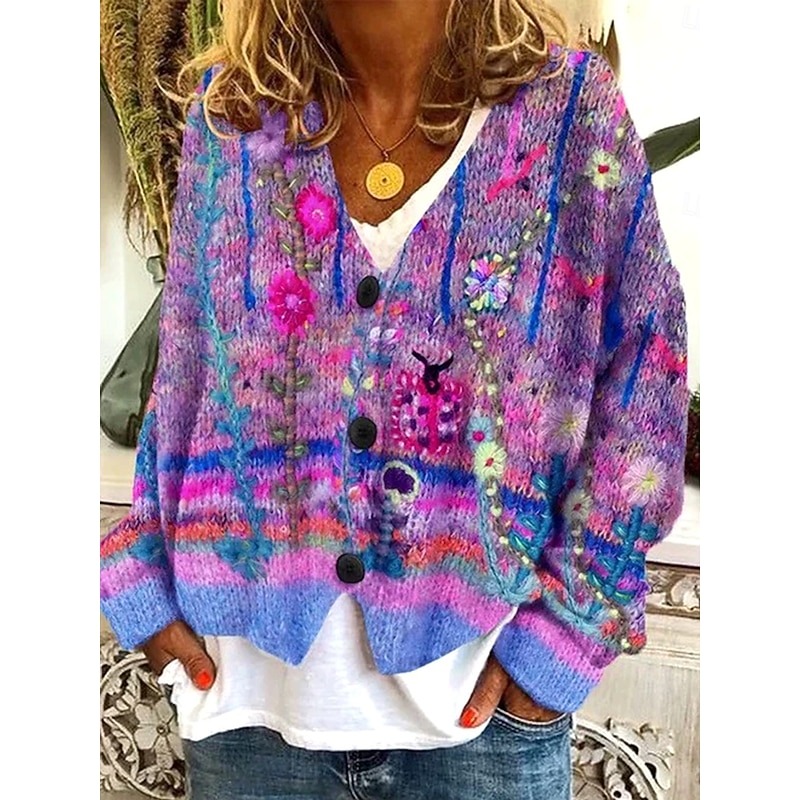 Women's Sweater Cardigan Elegant Vintage Fashion Floral V Neck Pocket Floral Knitted Long Sleeve Regular Tops Knit Outdoor Daily Weekend Pink Purple Fall Winter