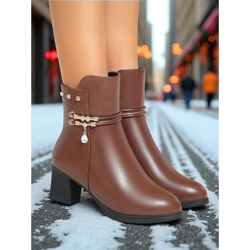 Women's Brown Warm Faux Fur Lined Ankle Boots with Heel, Stylish and Comfortable for Winter and Casual Wear.2