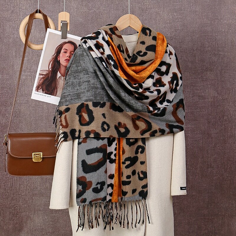 Women's Rectangle Scarf Infinity Scarf Street Daily Holiday Grey Camel Brown Scarf Leopard4