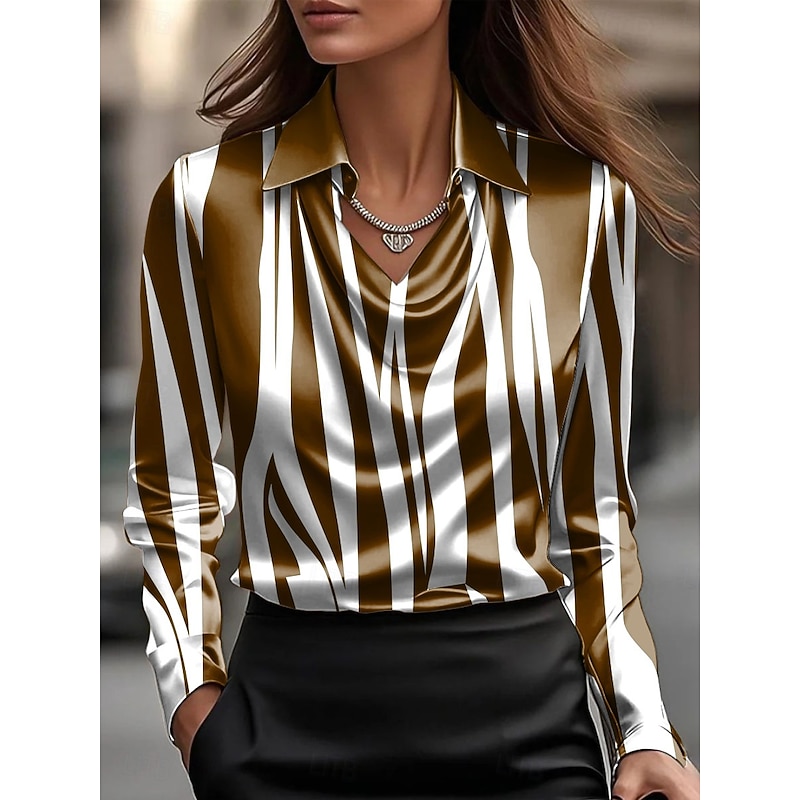 Women's Shirt Graphic Geometric Striped Elegant Stylish Casual Long Sleeve Cowl Neck Regular Tops Work Party Evening Wear Daily Ruched Draped Blue Purple Brown Green Summer Fall2