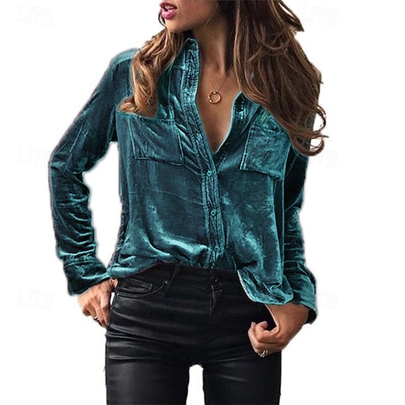 Women's Shirt Blouse Plain Active Stylish Long Sleeve Shirt Collar Regular Tops Party Evening Wear Holiday Going out Pocket Buttons Grass Green Black Royal Blue Brown Dark Gray Spring Fall3