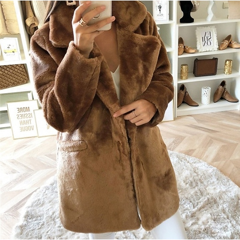 Women's Coat Faux Fur Coat Warm Comfortable Pocket Casual Plain Vacation Street Casual Daily Wear Long Turndown Regular Fit Long Sleeve Outerwear Blue Brown Khaki Fall Winter2