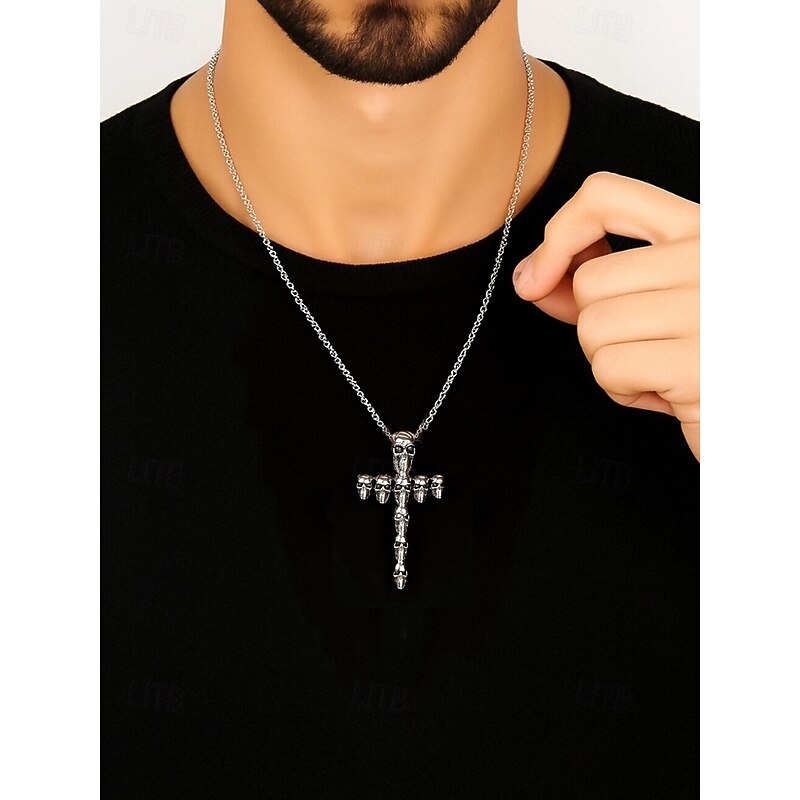 Men's Halloween Skull Cross Necklace – Gothic Alloy Pendant with Chain, Punk Style Jewelry for Party, Cosplay and Festival Wear2