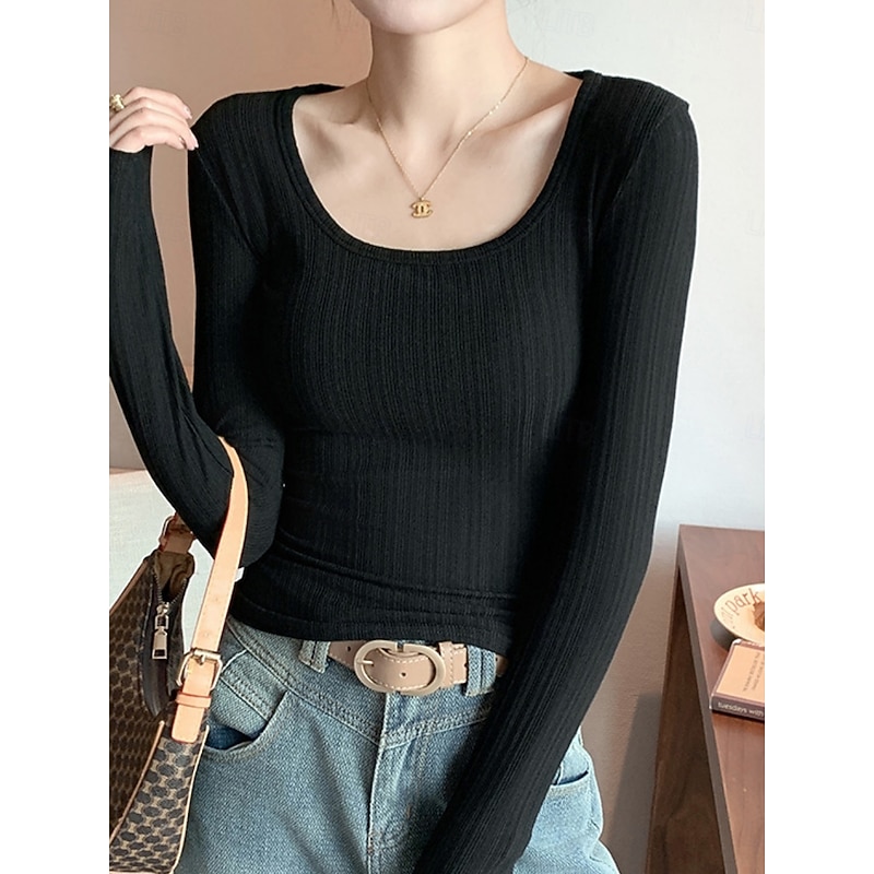 Women's Blouse Solid Color Elegant Stylish Basic Long Sleeve Scoop Neck Regular Tops Daily Black White Army Green Green Dark Gray Spring Fall Winter4