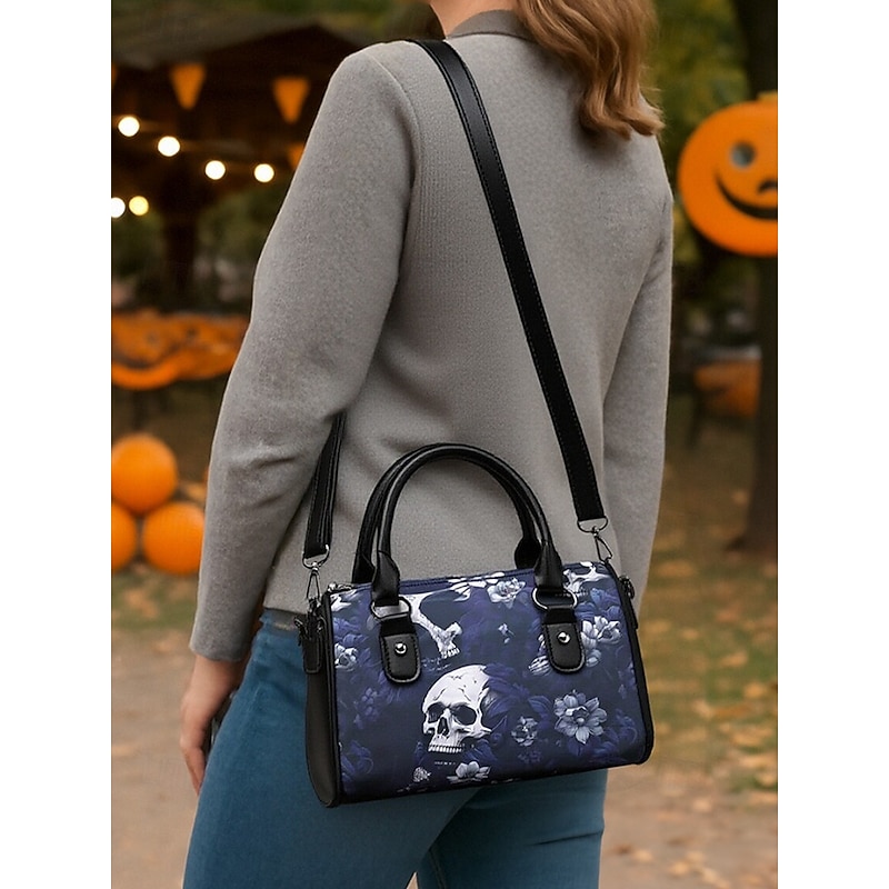 Women's Halloween Skull Print Handbag – Gothic Faux Leather Top Handle Shoulder Bag for Casual, Party and Holiday Outfits3