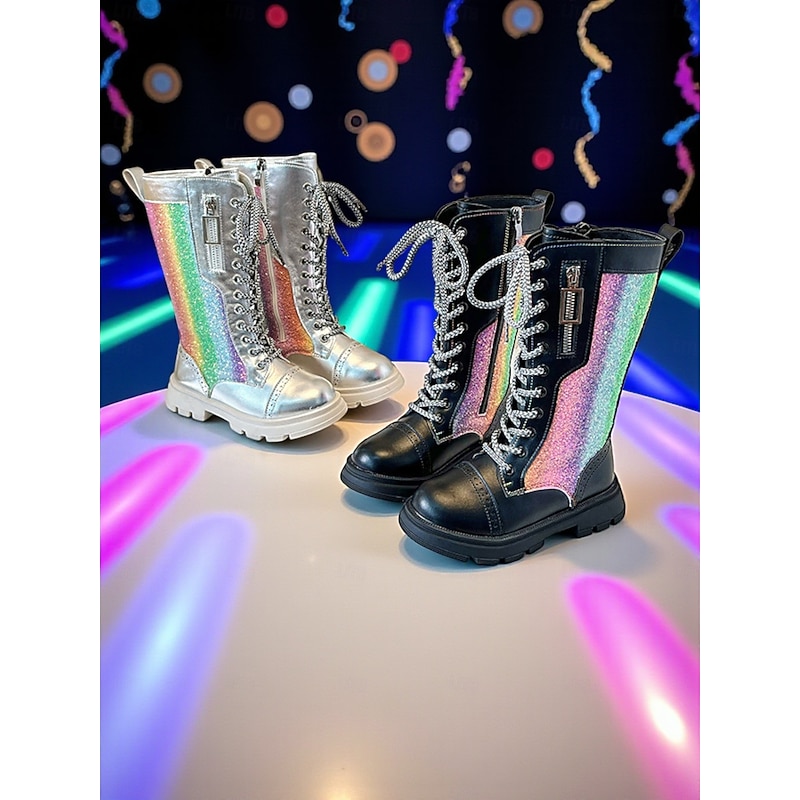 Korean Idol Inspired Pop Star Costume Shoes Girls' Patent Leather Lace-Up Knee High Boots with Side Zipper for Dance Performances and Stage Outfits - Main Image