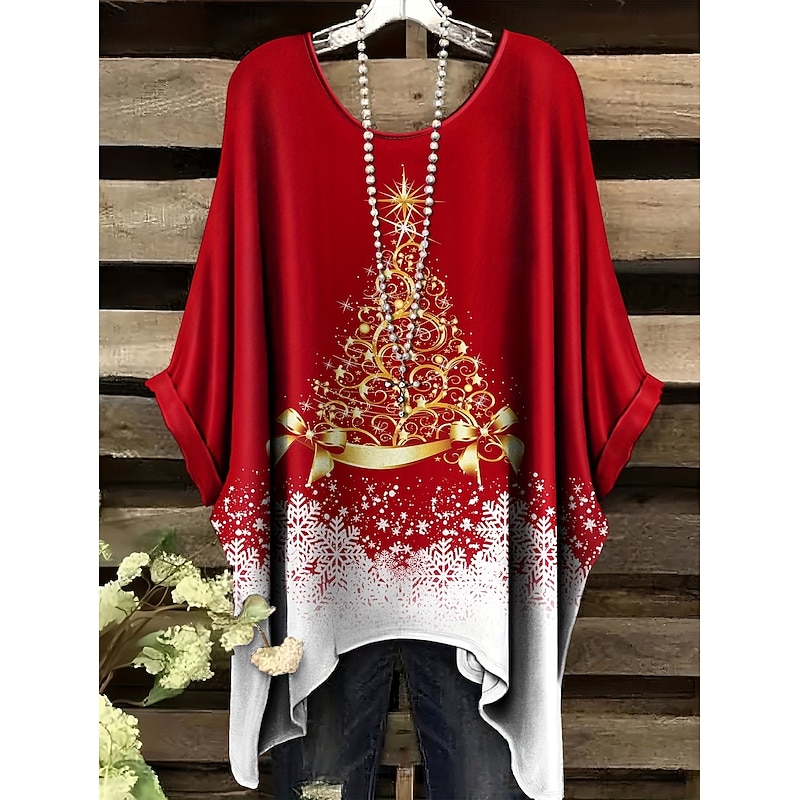 Christmas Women's Blouse Graphic Christmas Tree Elegant Vintage Tropical Half Sleeve Batwing Sleeve Crew Neck Regular Tops Daily Holiday Vacation Wear Black White Pink Red Spring Fall Winter