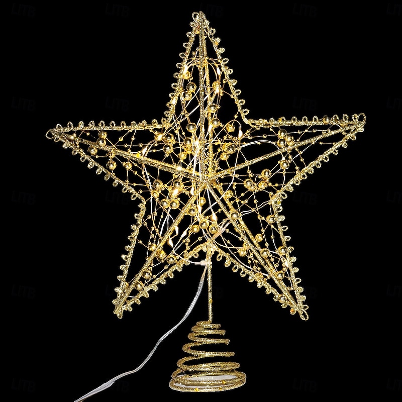 Christmas Tree Topper Star Led Light Xmas, Glitter Iron Five-Pointed Star Ornament, Hanging Tree Decoration, Festive Holiday Xmas Tabletop Home Decor Gift