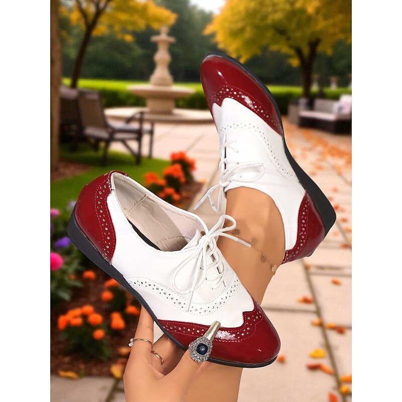 Women's Burgundy and White Oxford Wingtip Flats – 1950s Vintage Patent Faux Leather Brogues for Casual Street Style and Workwear4