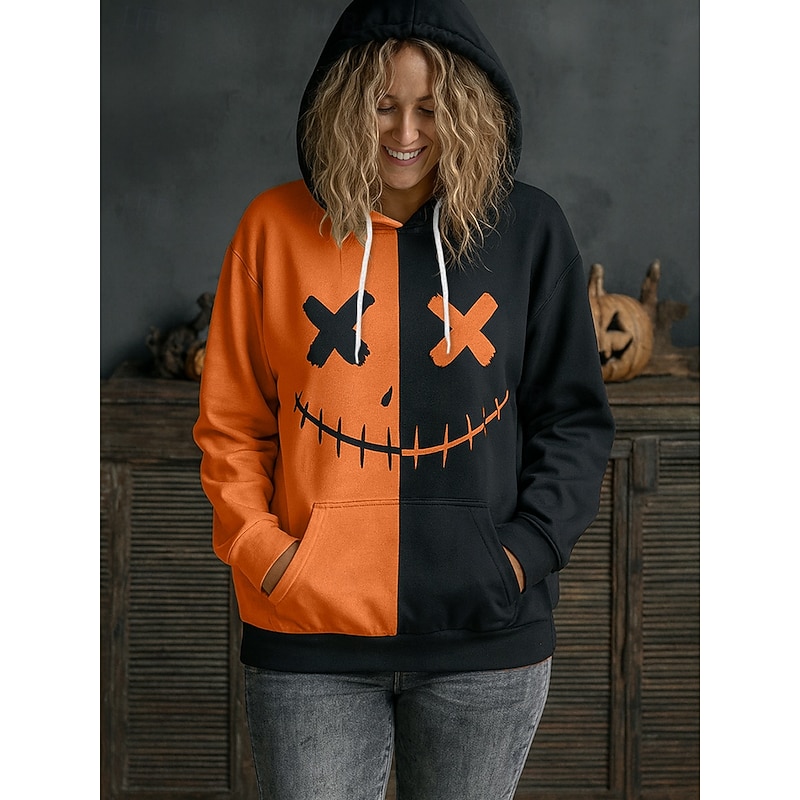 Women's Pullover Hoodie Sweatshirt Graphic Fashion Casual Long Sleeve Hooded Regular Tops Street Dailywear Casual Drawstring Pocket Print Black Orange Khaki Fall Winter