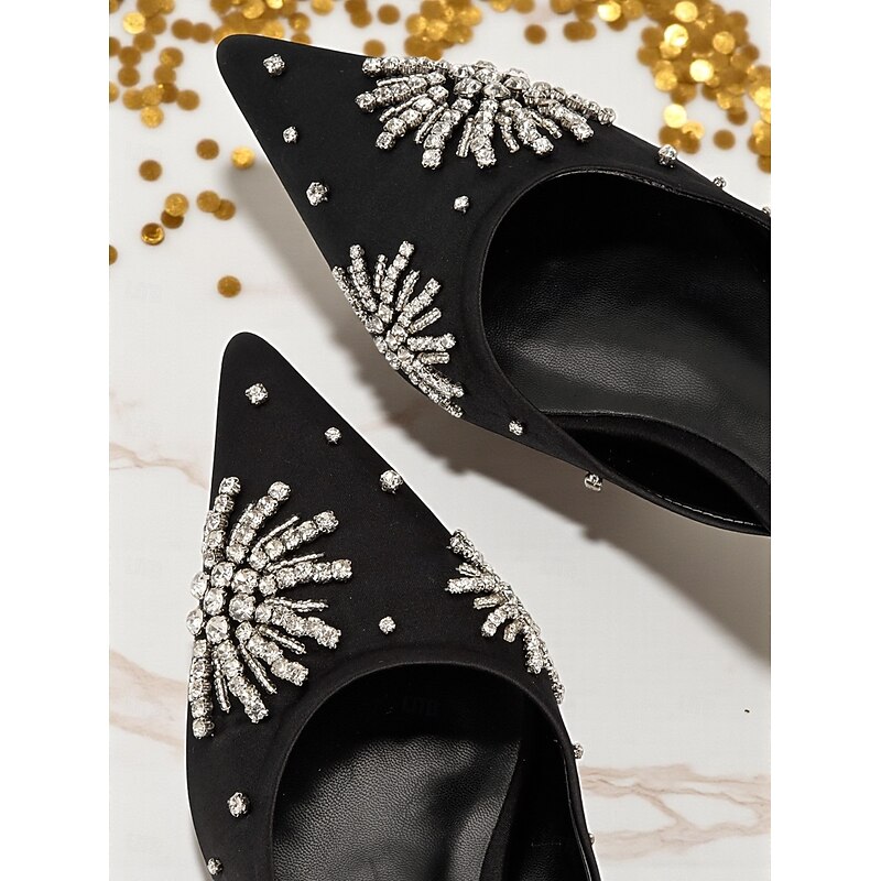Women's Black Satin Pointed Toe Mules with Rhinestone Firework Embellishment - Elegant Cocktail Party and Formal Occasion Shoes4