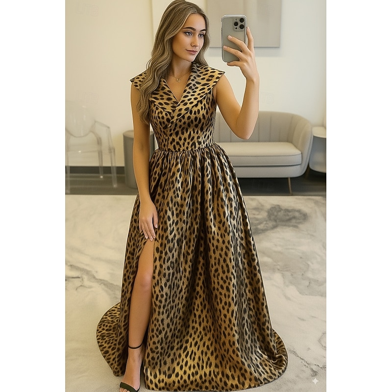 leopard print  A-Line Evening Gown Elegant Formal Dress Formal Wedding Floor Length Sleeveless Lapel Pocket Satin with Pocket 2025