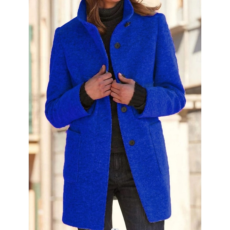 Women's Casual Jacket Comfortable Breathable Pocket Buttons Classic Casual Plain Vacation Street Casual Daily Wear Single Breasted Long Stand Collar Regular Fit Long Sleeve Outerwear Royal Blue Blue2