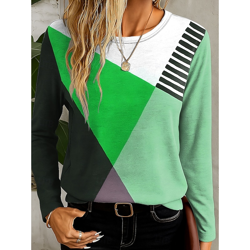 Women's T Shirt Graphic Geometry Vintage Stylish Casual Long Sleeve Crew Neck Regular Tops Daily Print Yellow Blue Purple Green Spring Fall Winter4