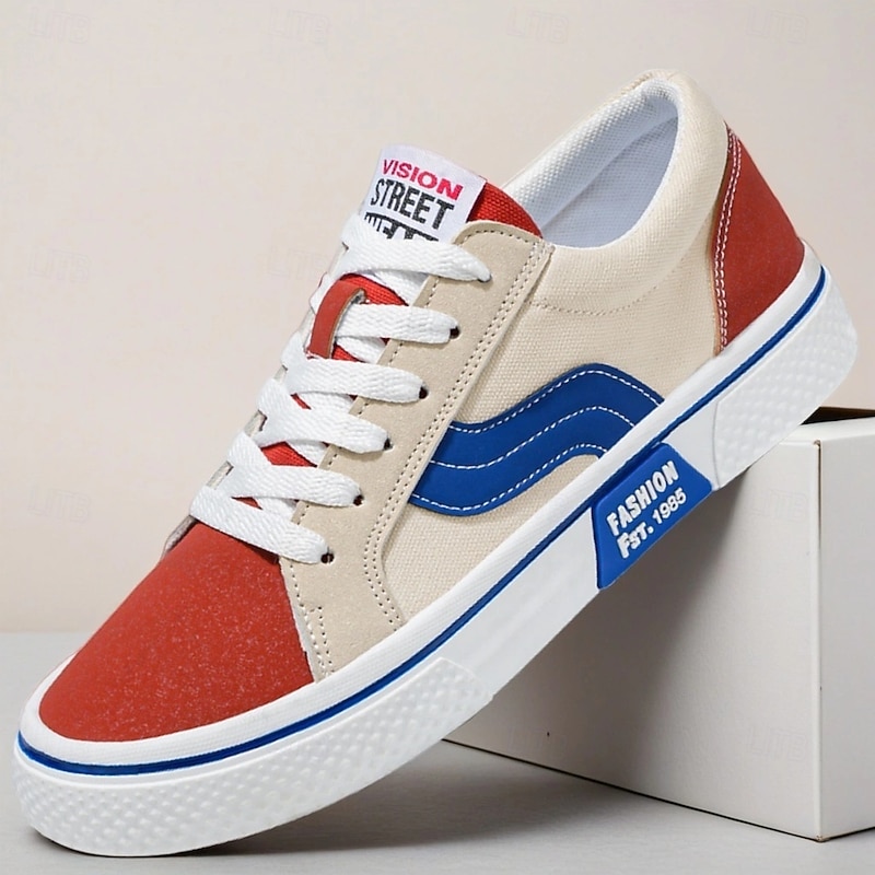 Men's Red and Beige Lace-Up Sneakers – Retro Low Top Casual Sport Shoes with Blue Stripe Design for Youth Fashion, Campus, Travel and Outdoor Activities