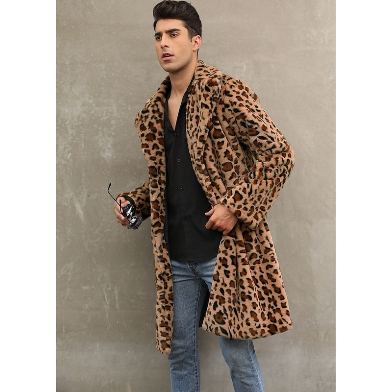 Men's Winter Coat Fur Coat Coat Vacation Casual Winter Polyester Soft Outdoor Outerwear Clothing Apparel Warm Ups Comfort Leopard Pocket Lapel4