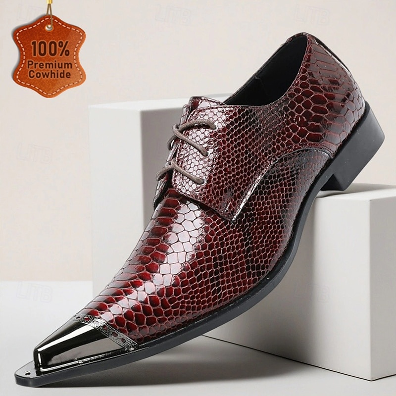Men's Burgundy Genuine Leather Snake Print Lace-Up Oxford Shoes – Formal Party and Evening Dress Footwear